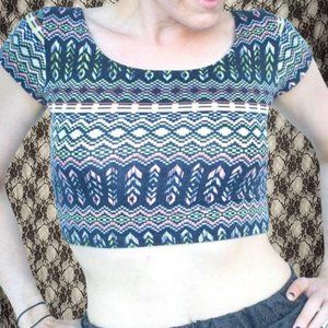 funky patterned brightly colored short sleeved stretchy crop top